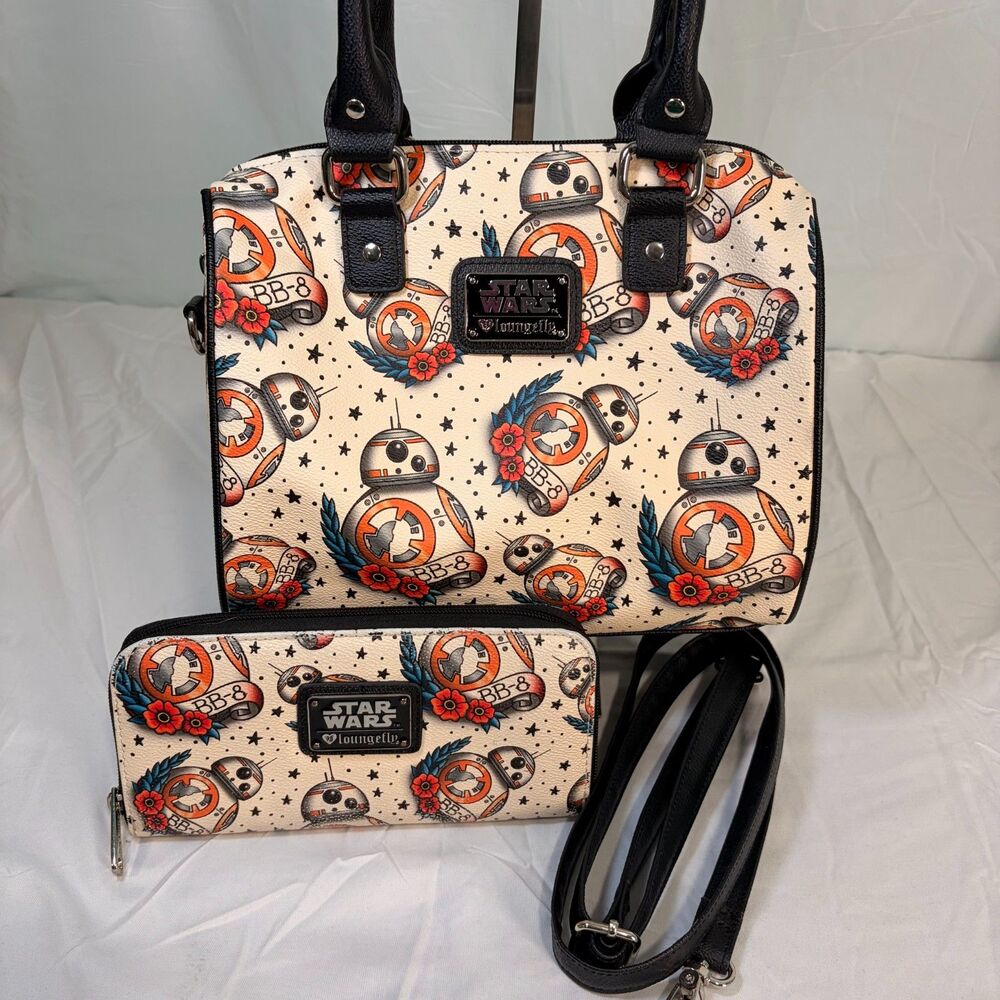 Loungefly Star Wars BB-8 Tattoo Flash Print Barrel Bag Satchel & Wallet Set